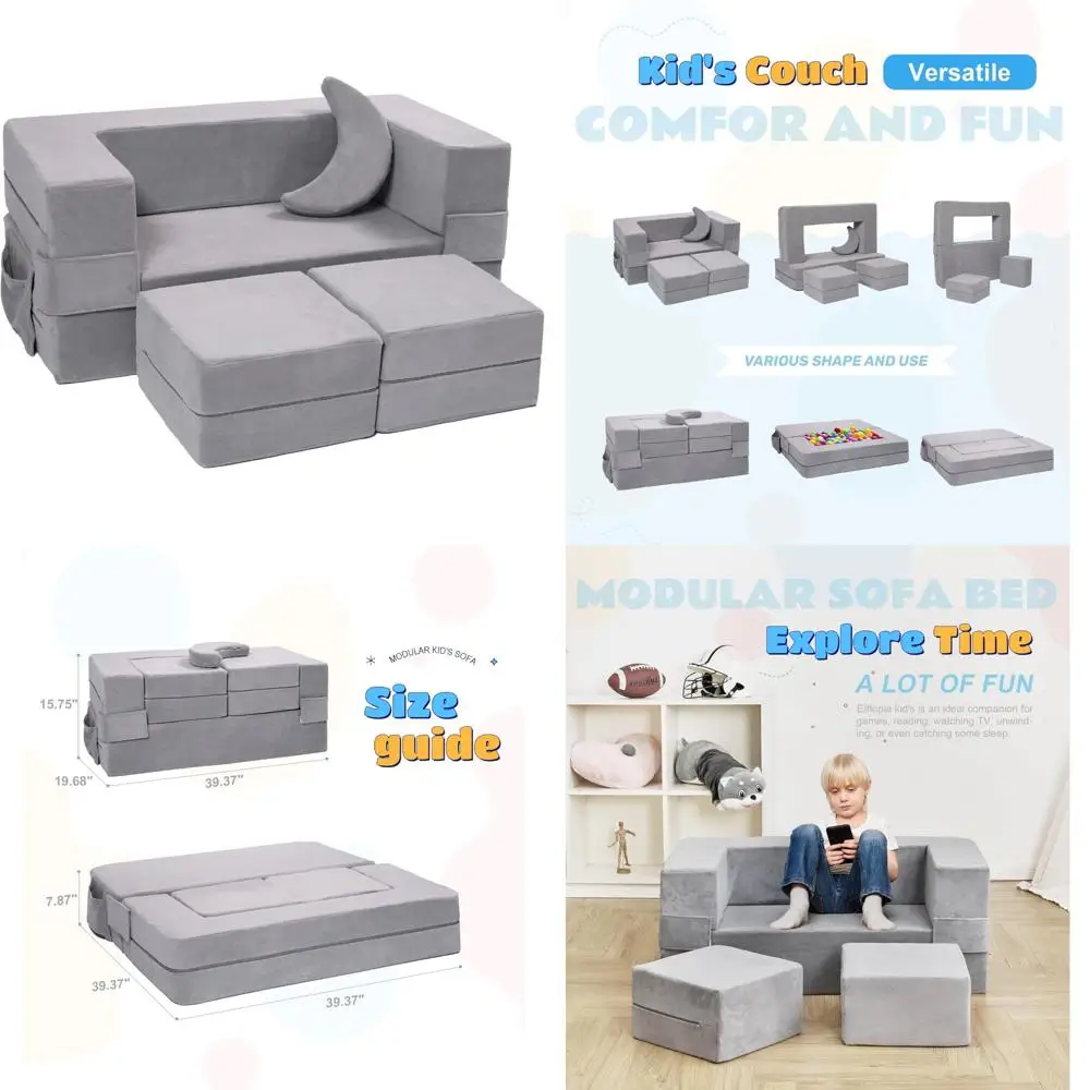 أريكة سرير قابلة للتحويل للأطفال الصغار، كرسي بذراعين من الإسفنج، مجموعة أثاث لعب للأطفال، رمادي قطيفة قابلة للطي مبطنة