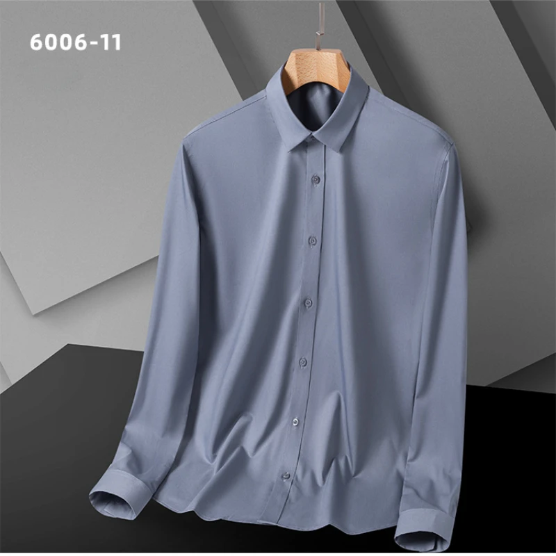 8XL Work Men Shirt Long Sleeve White Bamboo Fiber Micro Elasticity Anti-Wrinkle Solid Color Striped Plaid Shirts Men Formal