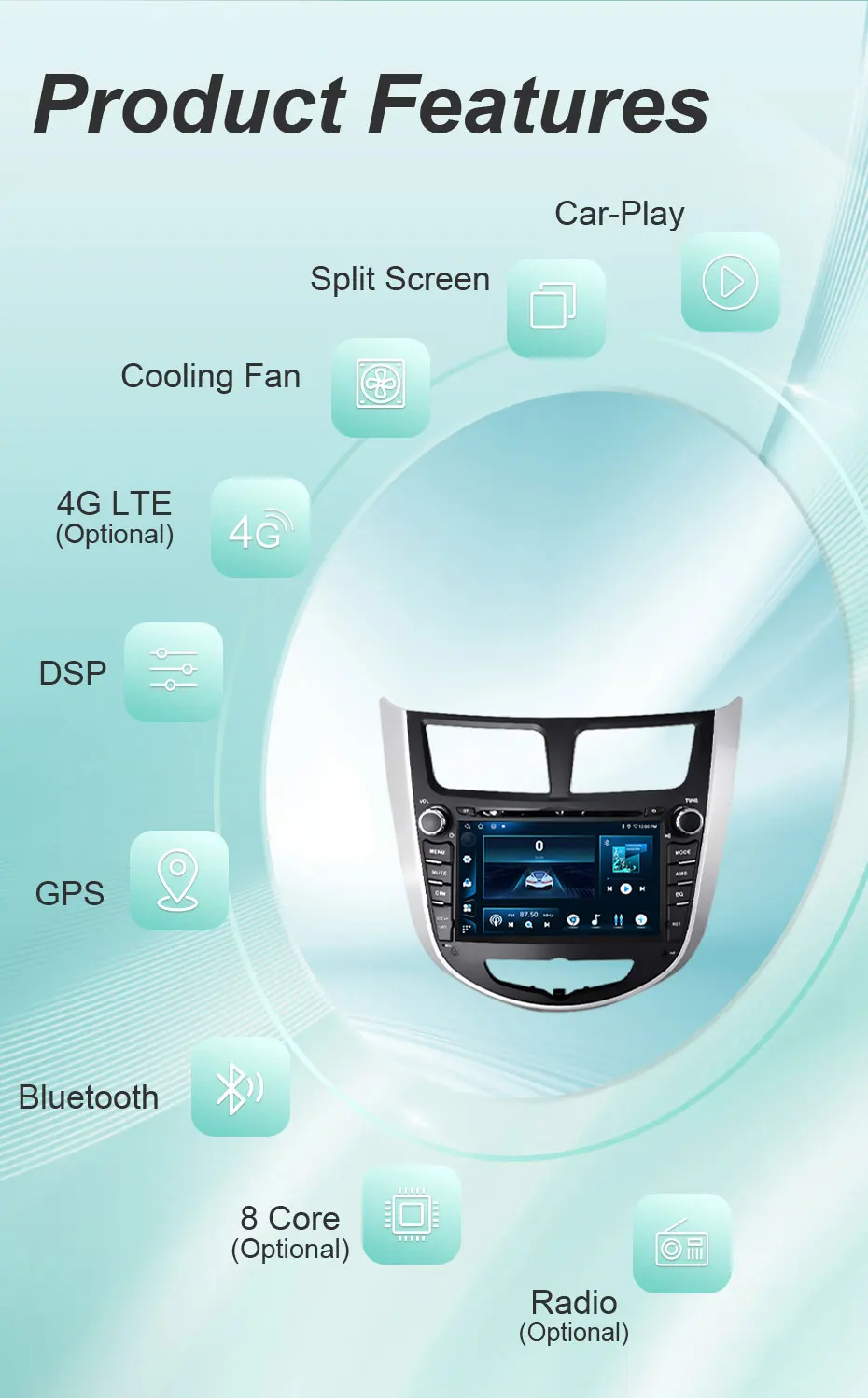 7-Zoll Android Autoradio für Hyundai Solaris Accent Verna 2010-2016 Kabelloses CarPlay Android Auto GPS WLAN BT FM Touchscreen Stereo – Detail 5