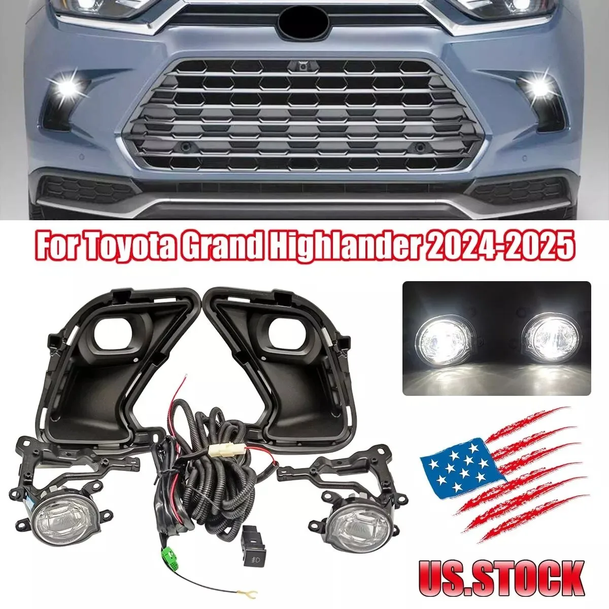 

LED Fog Light For Toyota Grand Highlander 2024 2025 Fog Lamp Kit Bezel with Wiring Harness & Power Switch Car Light Accessories