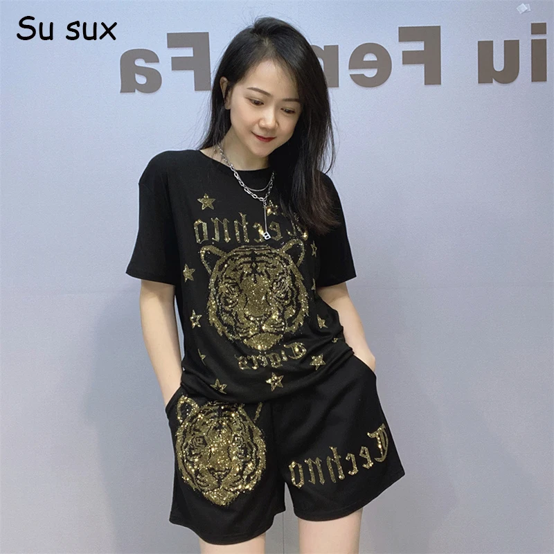 Sequins Tiger Head Short Pant Sets Tracksuit Women Outfits 2025 Summer Casual O Neck Short Sleeve T-shirt 2 Pieces Vestidos