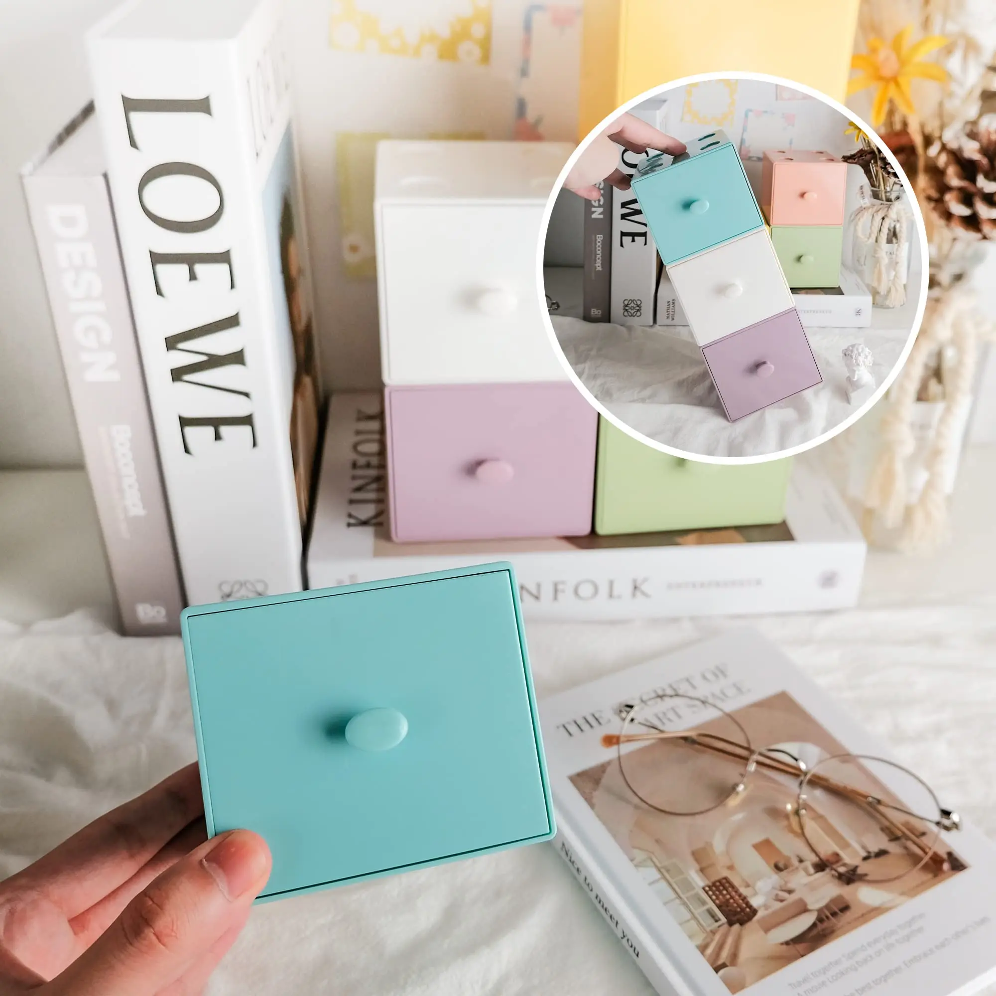 6-pack Free Combination Block Storage Box Cute Stackable Organizer Drawer Desktop Candy Colored Macaron Square Storage Box