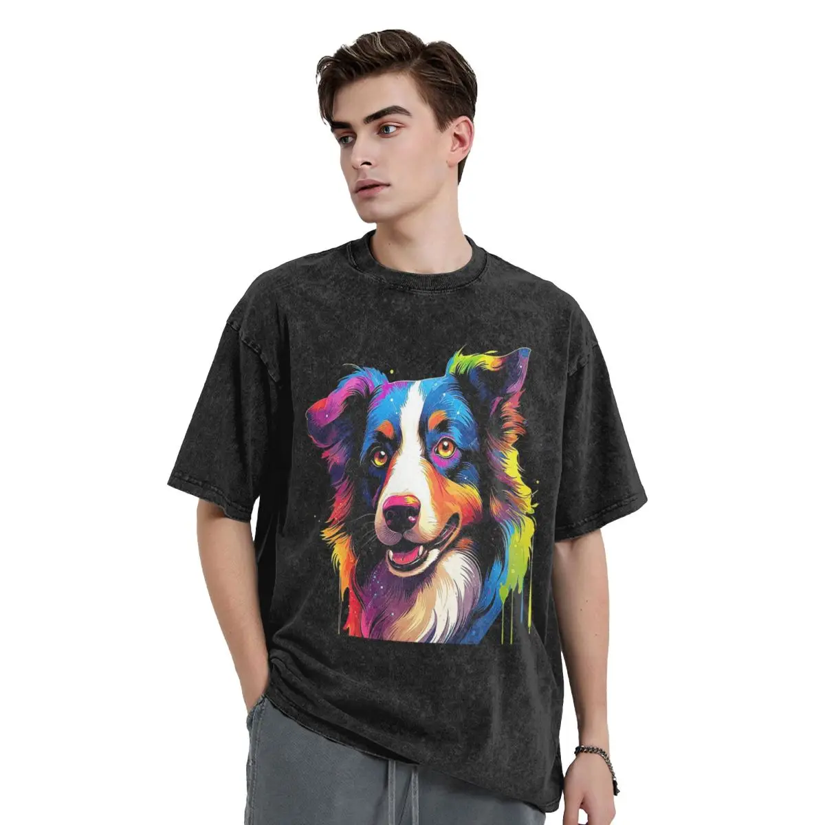 Border Collie Washed T Shirts Harajuku Short Sleeve Hip Hop T-Shirt Streetwear Tops Tees for Men Women