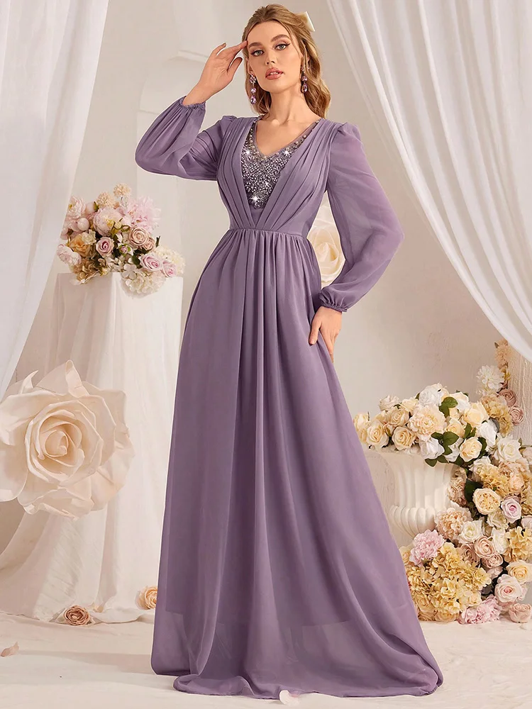 TOLEEN-Women Beaded Mesh Lantern Sleeve Long Dresses, Luksusowa elegancka odzież wieczorowa, fioletowa, solidna impreza, casual, lato, 2024