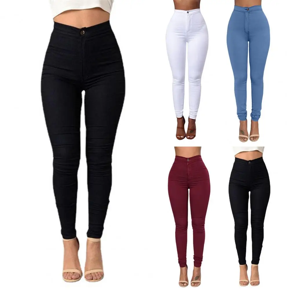 Leggings taille haute pour femmes, pantalon crayon extensible, bouton, mouche, longueur de rinçage, poches taille haute, pantalon skinny pour dames