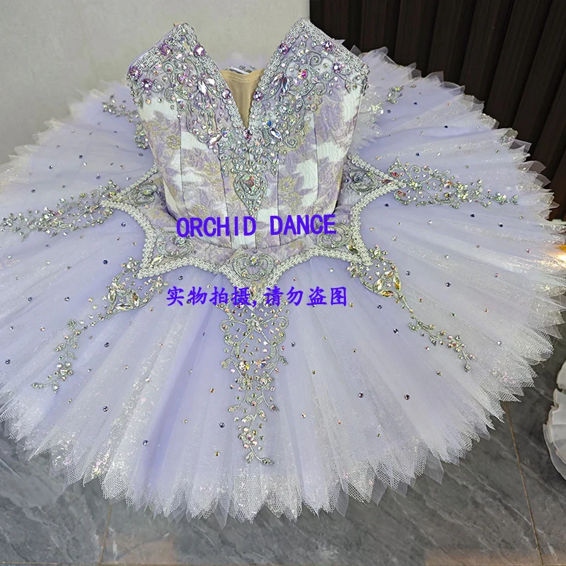 Women vintage jacquard V-neck professional tutu ballet costume purple gem silver thread vine embroidery light purple glitter pet