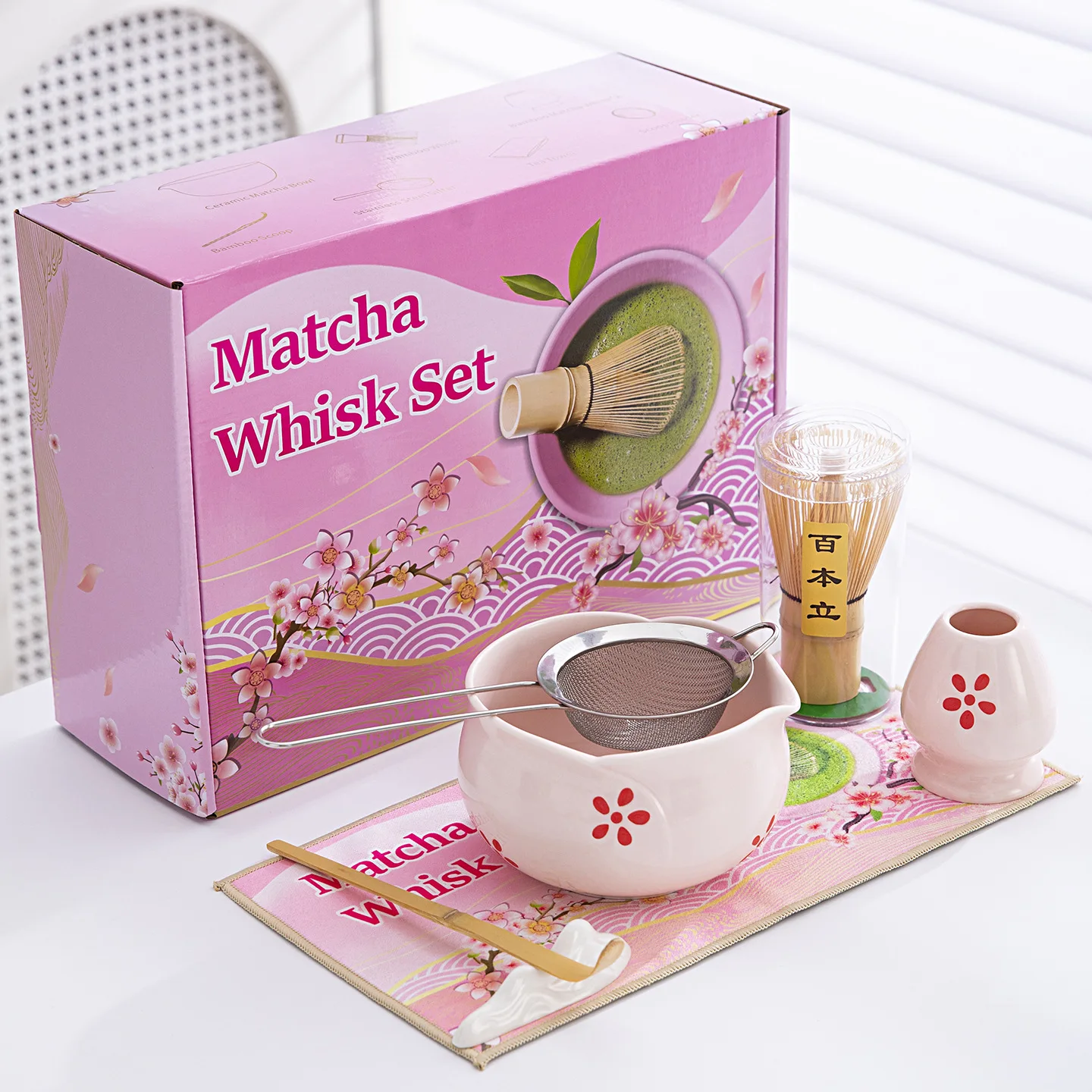 

Sakura Cherry Blossom Pink Ceramic Matcha Bowl Set, with Chasen Whisk, Tea Scoop & Whisk Holder,Japanese Tea Ceremony Collection