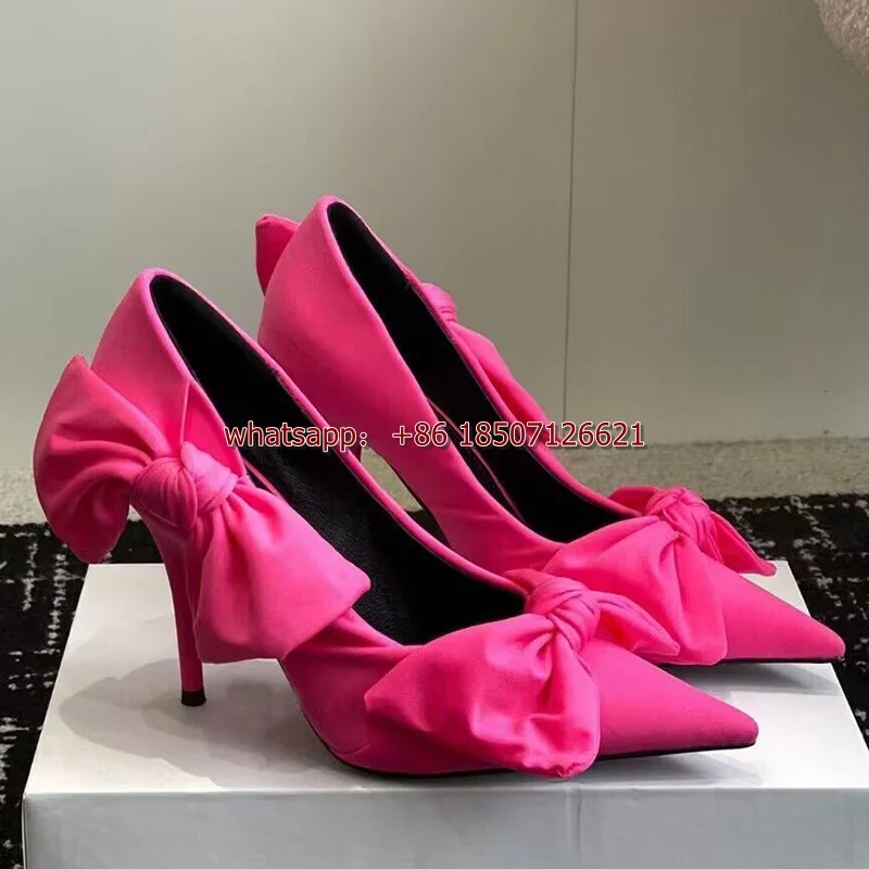 Solid Color Pointed Toe Satin Bow High Heels Large Size Slip-On Stiletto Pumps For Women