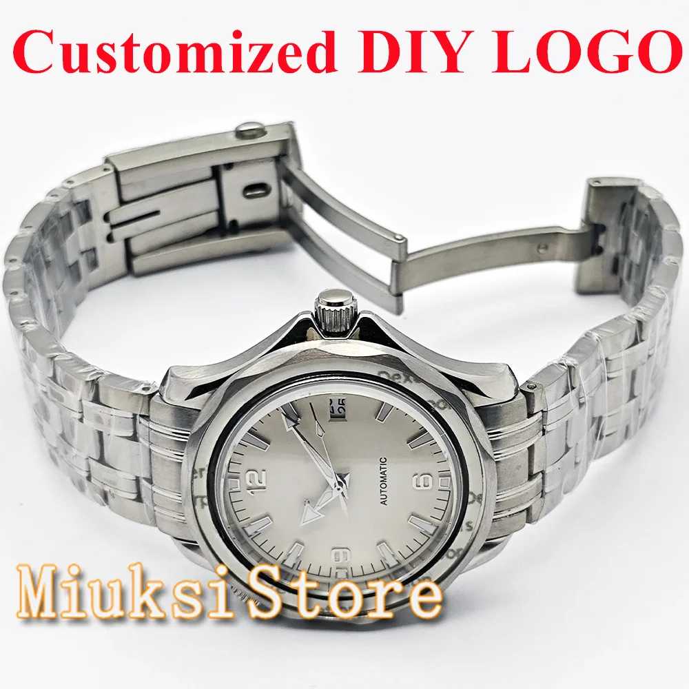 Orologio da uomo con logo fai-da-te personalizzato NH35 41 mm cassa per orologio in acciaio inossidabile argento cristallo di zaffiro adatto per orologio con movimento NH35