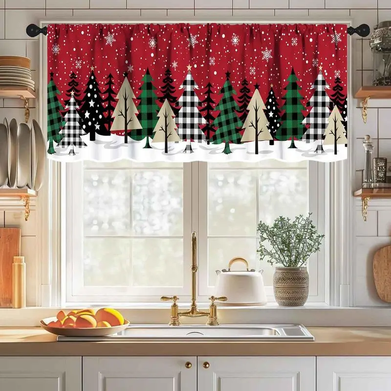 VIKAMA Red Snowman Pine Snowflake Scallop Border Christmas Short Window Curtain Cute Cartoon Classic Winter Home Decor Soft Cozy