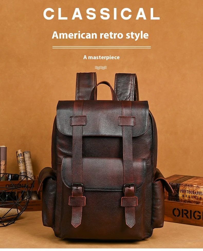 Men's Vintage Leather Backpack - Hand-Burnished Full-Grain Duffel, Retro Commuter Bag Laptop Compartment