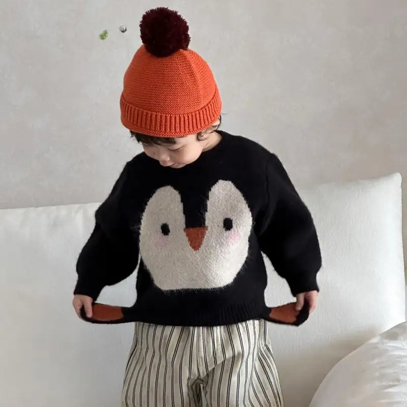 

Милый свитер с пингвином для мальчиков и девочек, плотная теплая одежда для малышей, повседневный пуловер для малышей, новинка зимы 2025, детский вязаный свитер с длинными рукавами
