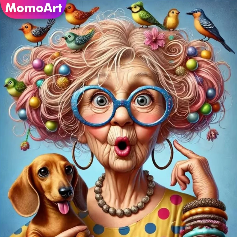 Momoart Diamantmalerei Porträt Alte Frau Charakter Neuerscheinung DIY Cartoon Hund Vogel Diamant-Mosaik Bastelset Einzigartiges Geschenk