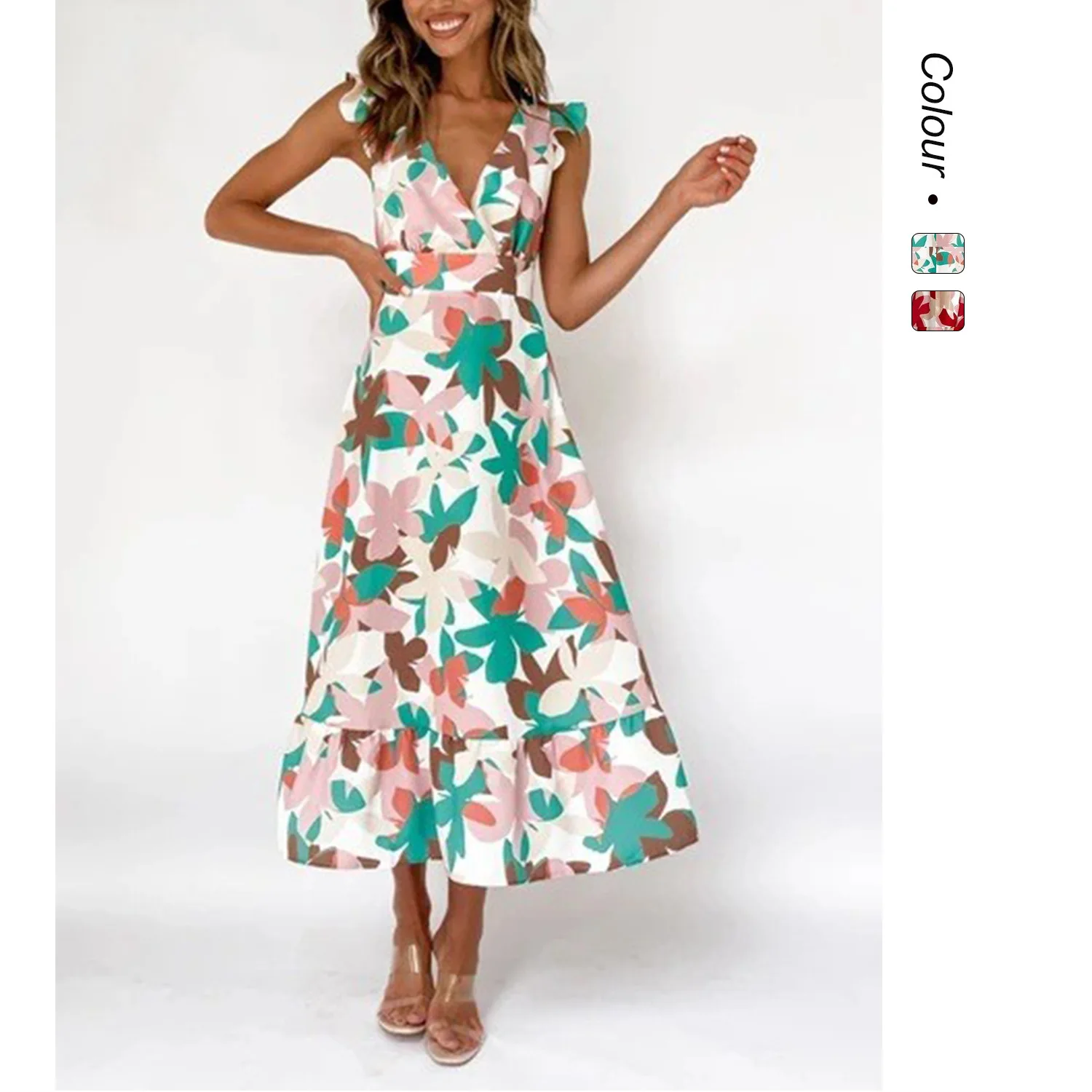 2025 Nuevo vestido sin espalda con estampado floral de verano con cintura elástica 22091