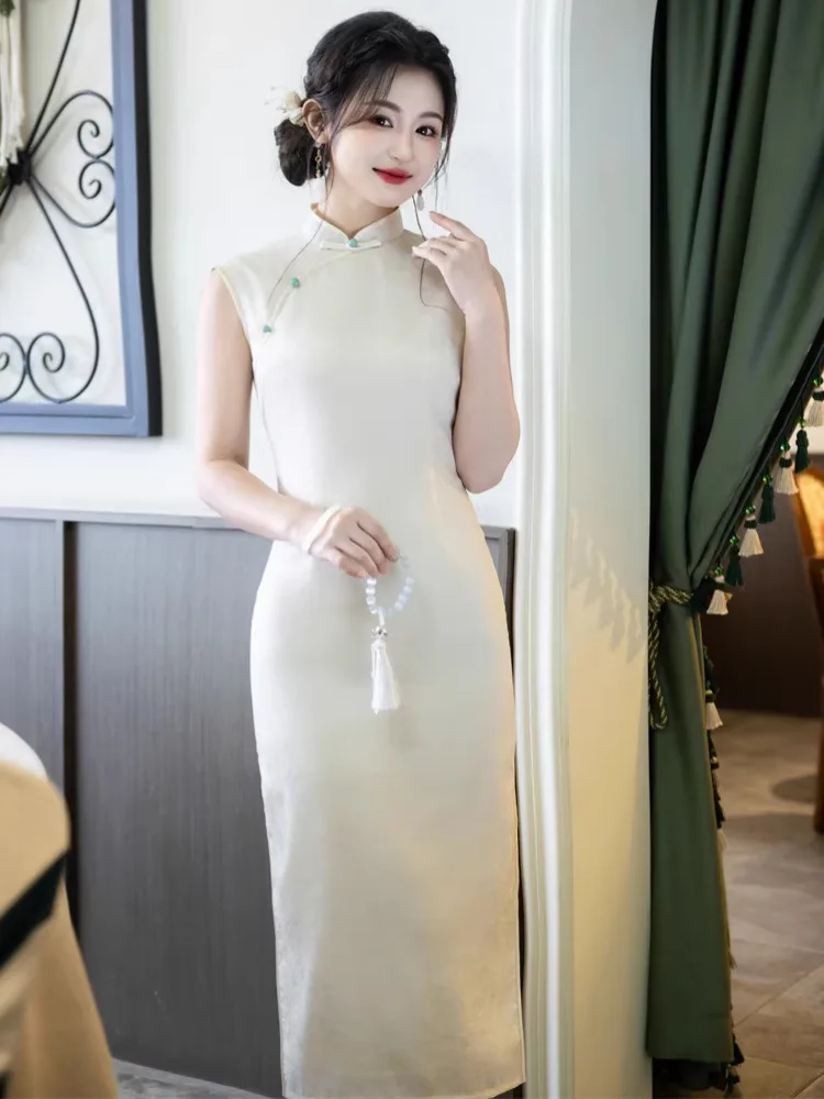 2026 Spring/Summer New Cheongsam Double layered Sleeveless Long White Cheongsam New Chinese Style Slimming Cheongsam