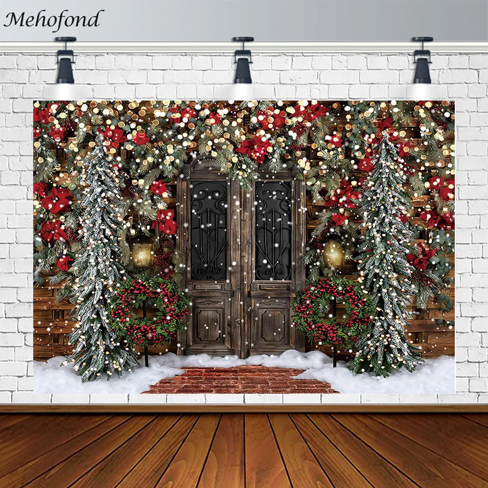 

Vintage Christmas Background Fabric Wood Door Brick Snowing Flowers Portrait Photography Background Photo Studio Photocall Prop