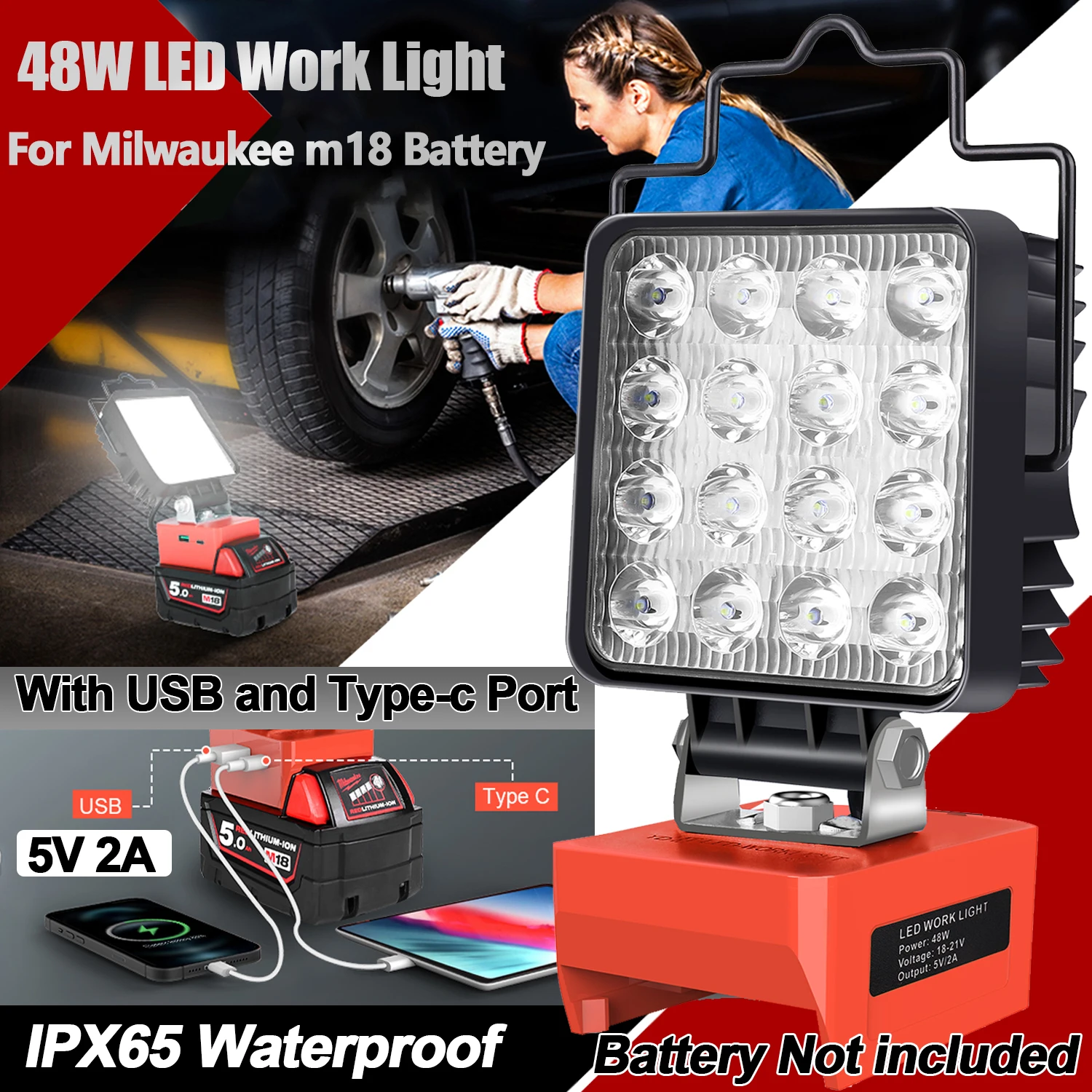 24W/48W Waterproof LED Work Light for Milwaukee M18 Cordless Flood Light with USB & Type-C Charging Port for Workshop Camping