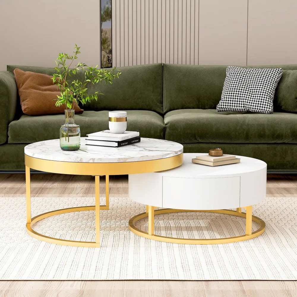 Set of 2 Round Gold Nesting Coffee Tables with Storage Drawers image 2
