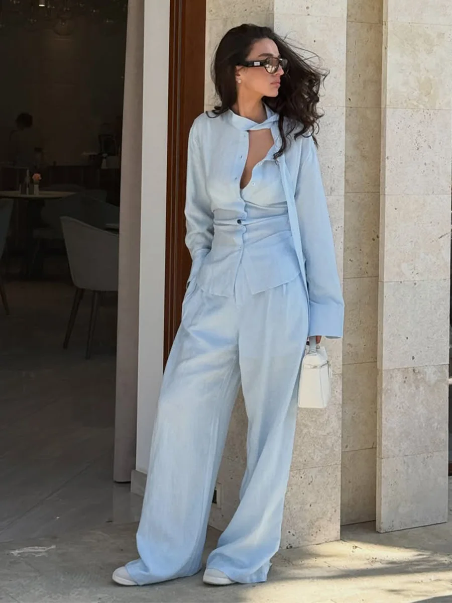 LIinar 100% Cotton Fitted Tie-Waist Shirt and Pants Set 2026 Fall Winter New Casual Commuter Pants Set for Women