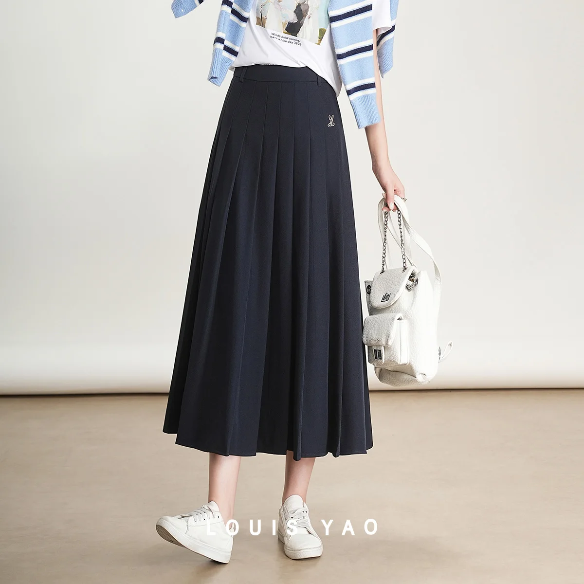 LOUIS YAO A-line Women's Skirts 2026 Spring/Autumn Elegant Solid Color Long Skirt Textured Pleats Embroidered Pleated Skirt
