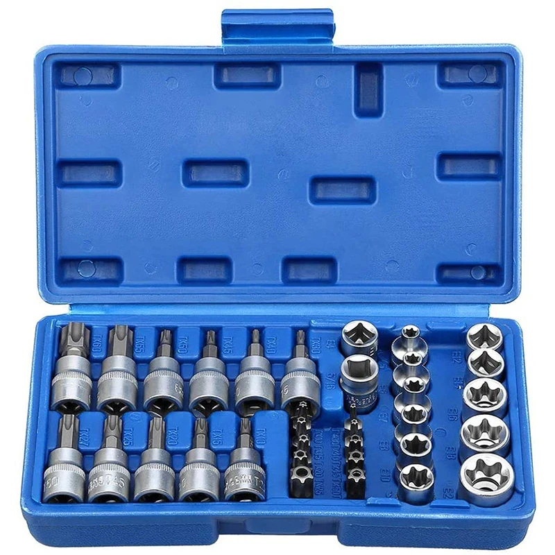 Professional 34pcs Torx Bit Socket & E-Torx Star Socket Set 1/4\