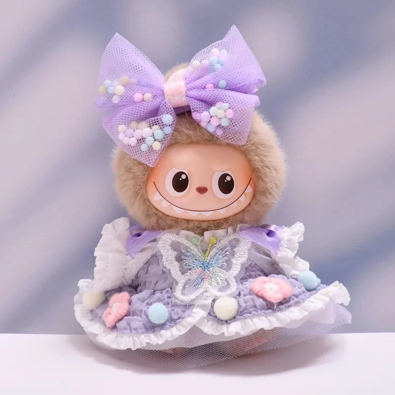 

Мини-кукольная одежда для Labubu V4, милое фиолетовое платье с рисунком бабочки, платье с цветочной вышивкой и сетчатым головным убором, аксессуары