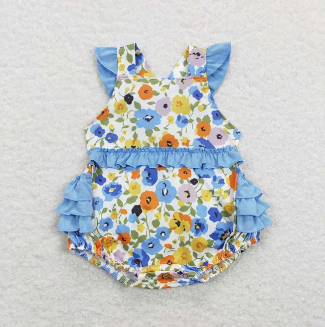 

Romper Kids Girls Summer Clothes Sets Sleeveless Blue Flower Print Ruffle Outfit Romper Dress Little Sisters Matching Sets