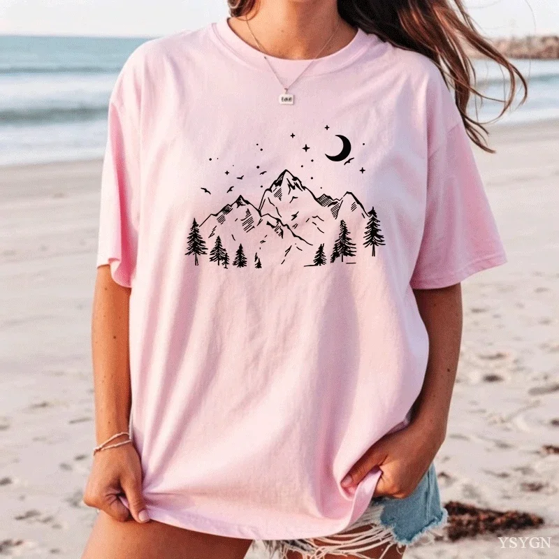 Minimalist Mountain T Shirt Nature Lover Tee Moon Mountain Graphic Tee Hiking T-Shirt Casual Round Neck Printed Tshirt Clothes