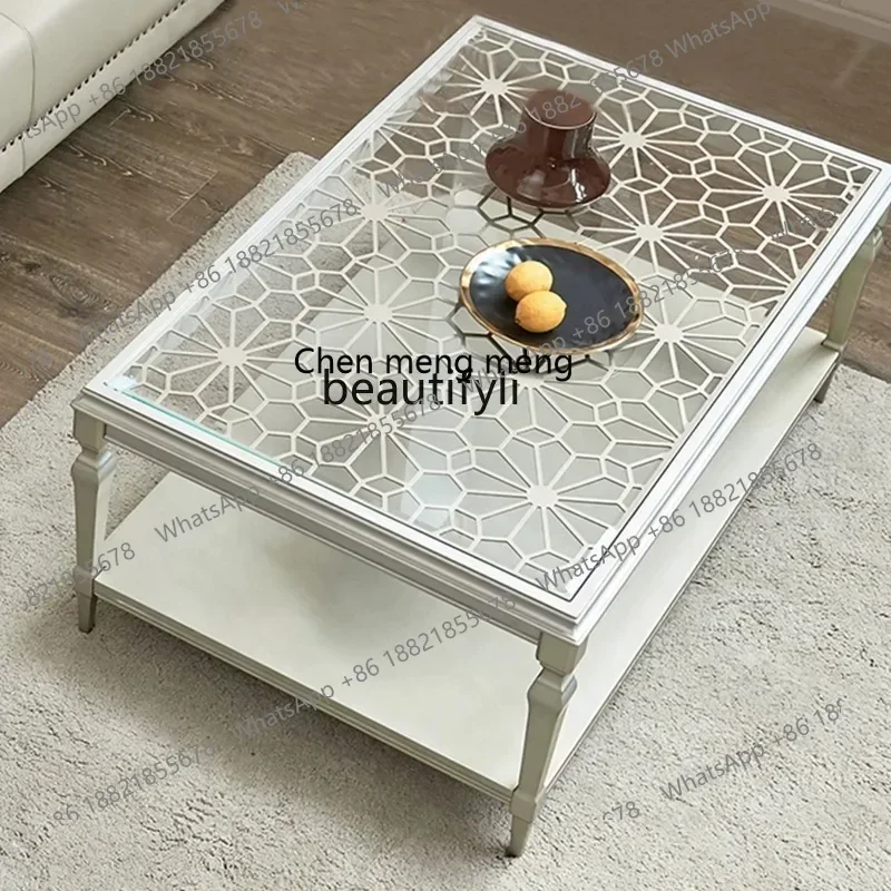 K18 American Light Luxury Coffee Table Simple Modern Living Room Rectangular Wood Carved Tea Table Tempered Glass Coffee Table