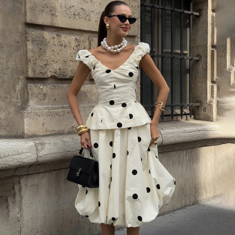 

Tornova Women's Fashion Polka Dots Skirt Suit V Neck Vest High Waist Long Bud Skirt Causal 2 Piece Set Lady Summer Vacation Set