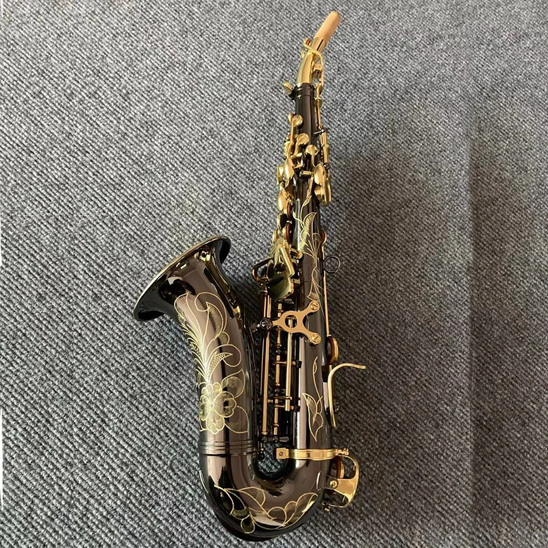 Beautiful Flower Engraving Black Nickel Plated Body Gold Lacquer Key Curved soprano Saxophone