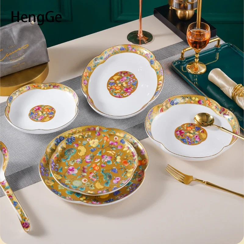 Colored Enamel Plates Retro Palace Style Dessert Plate Fish Dishes Senior Household Tableware Irregular Dish Ceramic Plate