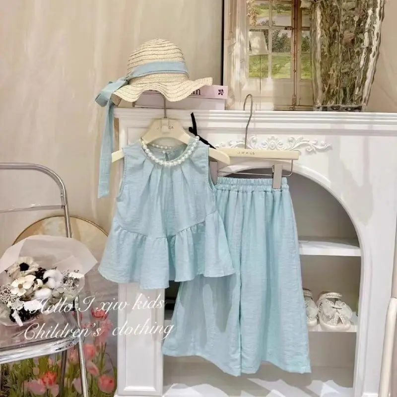 Summer Children's Clothing Set for Girls Teenager Short Sleeve T-Shirt Patchwork with Culottes Wide Leg Pants Thin 4-12 Years