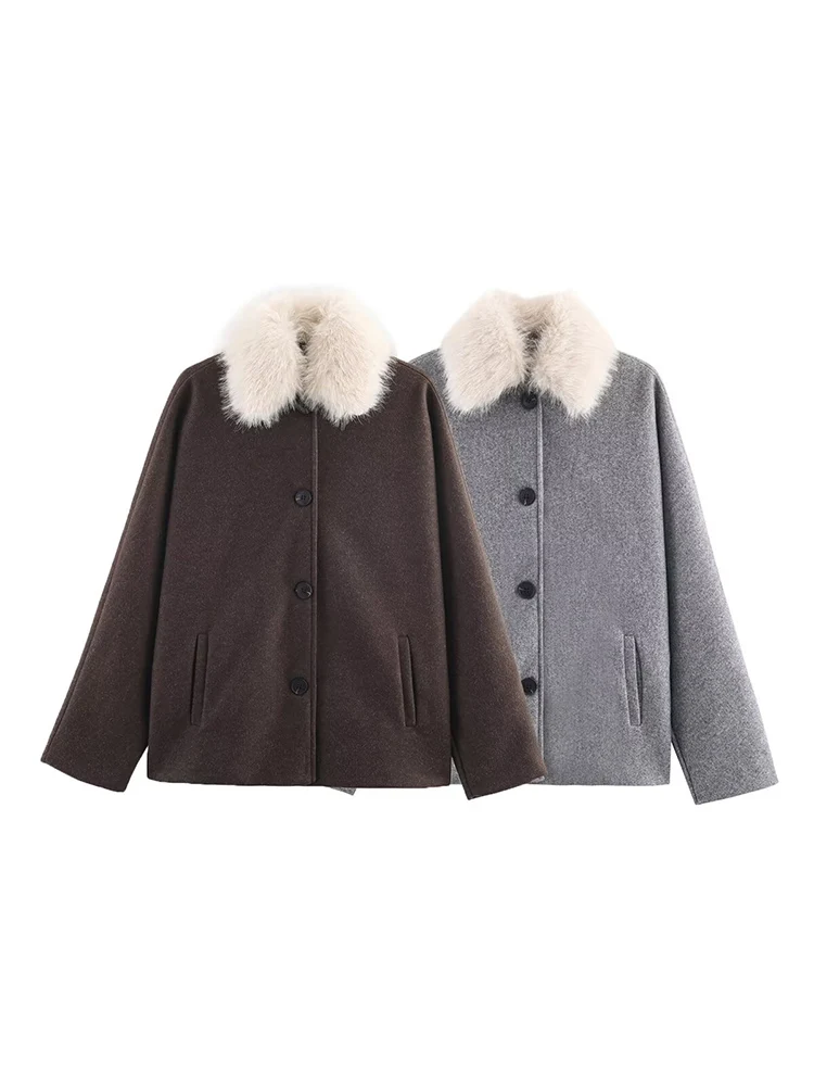 

European-style new women's fashionable and versatile loose-fitting single-breasted wool coat with fur collar.