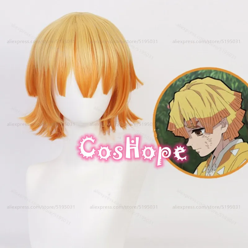 Agatsuma Zenitsu شعر مستعار تأثيري أصفر برتقالي شعر مستعار مختلط أنيمي مقاومة للحرارة بيروكات صناعية لجميع القديسين كرنفال زي الحفلات #1