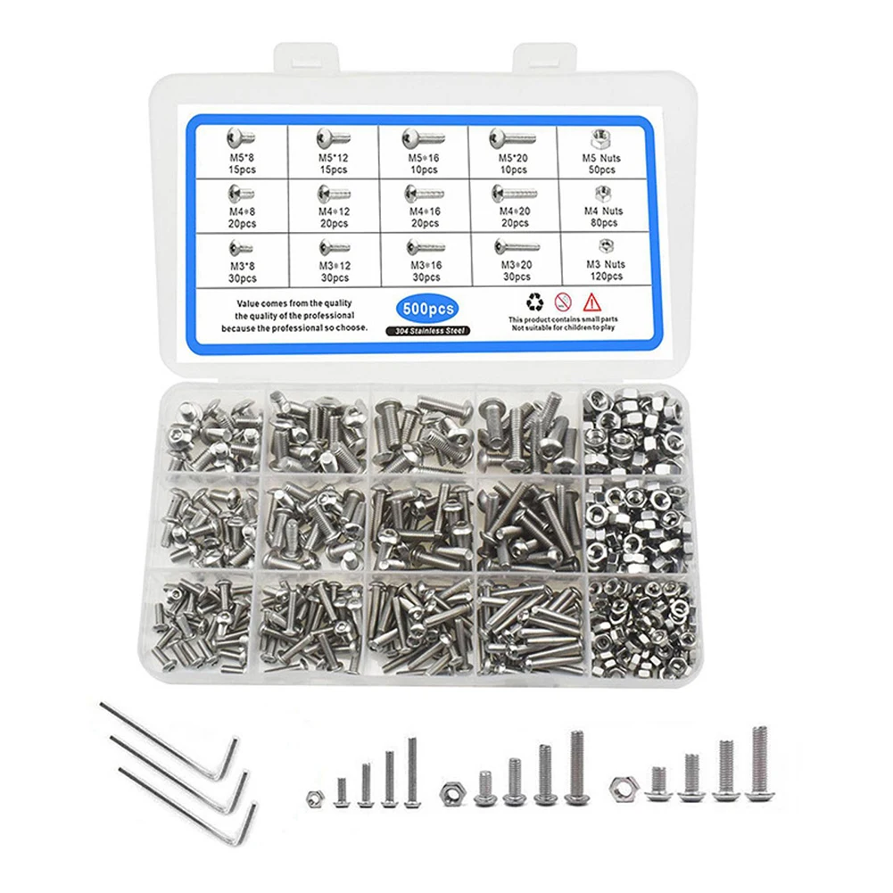 Hex Socket Screws Set 500 Pieces M3/M4/M5 Stainless Steel with Nuts and Washers Organized in Storage Box for Repair and Assembly