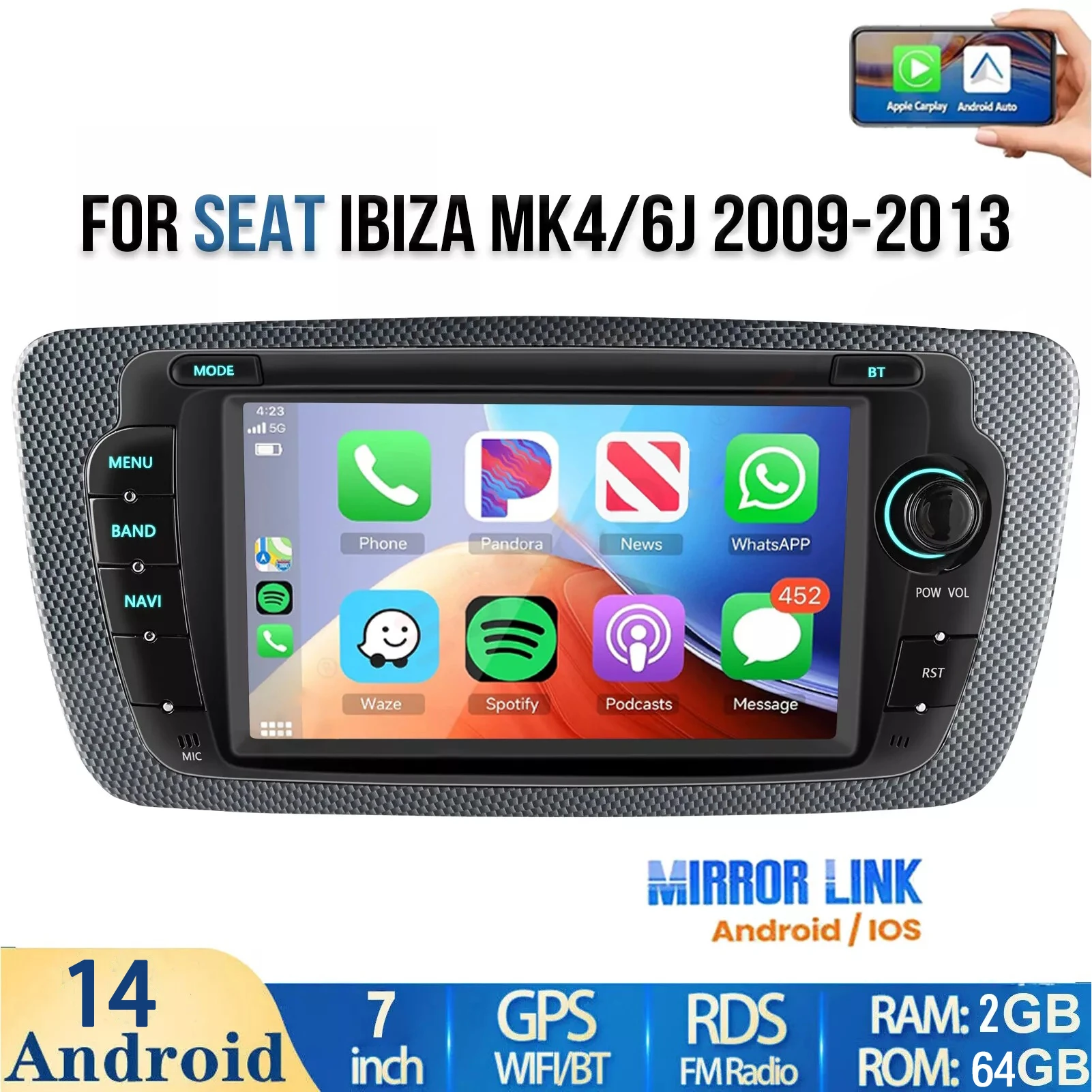 

7" Wireless CarPlay Android Auto Car Radio For SEAT IBIZA MK4/6J 2009-2013 HD Capacitive Touch Screen Multimedia GPS Navigation