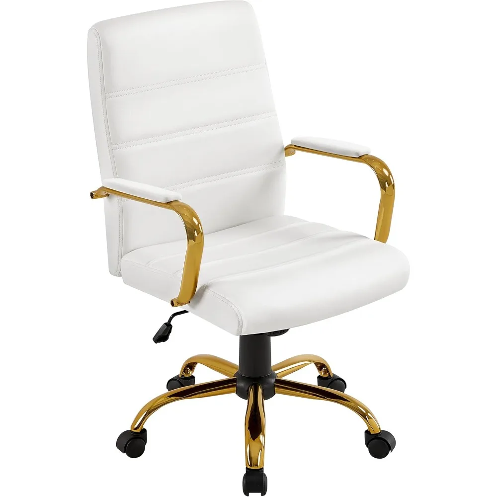 

Mid-Back Office Chair - Adjustable PU Leather Desk Chair with Lumbar Support, Gold Legs & White Seat