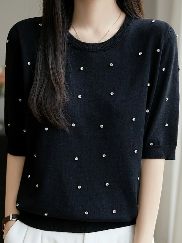 

Faionable Summer Ice Silk ort Sve T-irt Women's Knitted Top with Diamond Commute Sle round Ne Regular Length