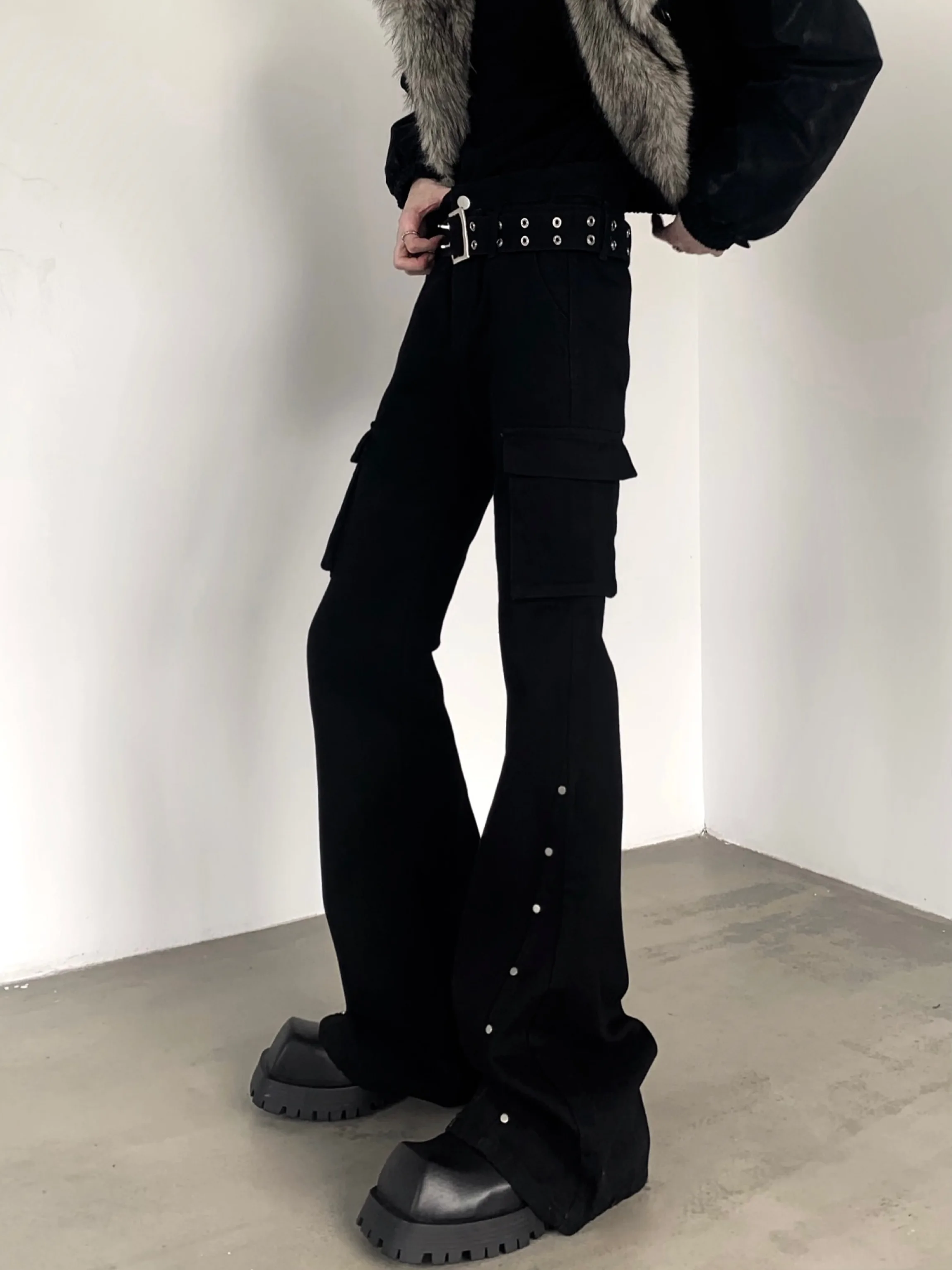 Dark Style High Street Vibe Black Jeans Bell Bottoms Belted Slim Fit Workwear Denim High Waist Rivet Youth Casual Music Festival