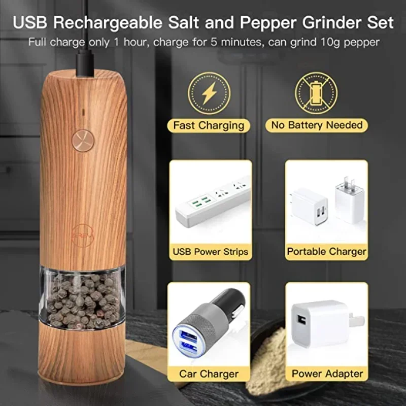 (2-Pack) Electric Salt and Pepper Grinder Set - USB Rechargeable LED Light Refillable Adjustable Coarseness One-Handed Operation