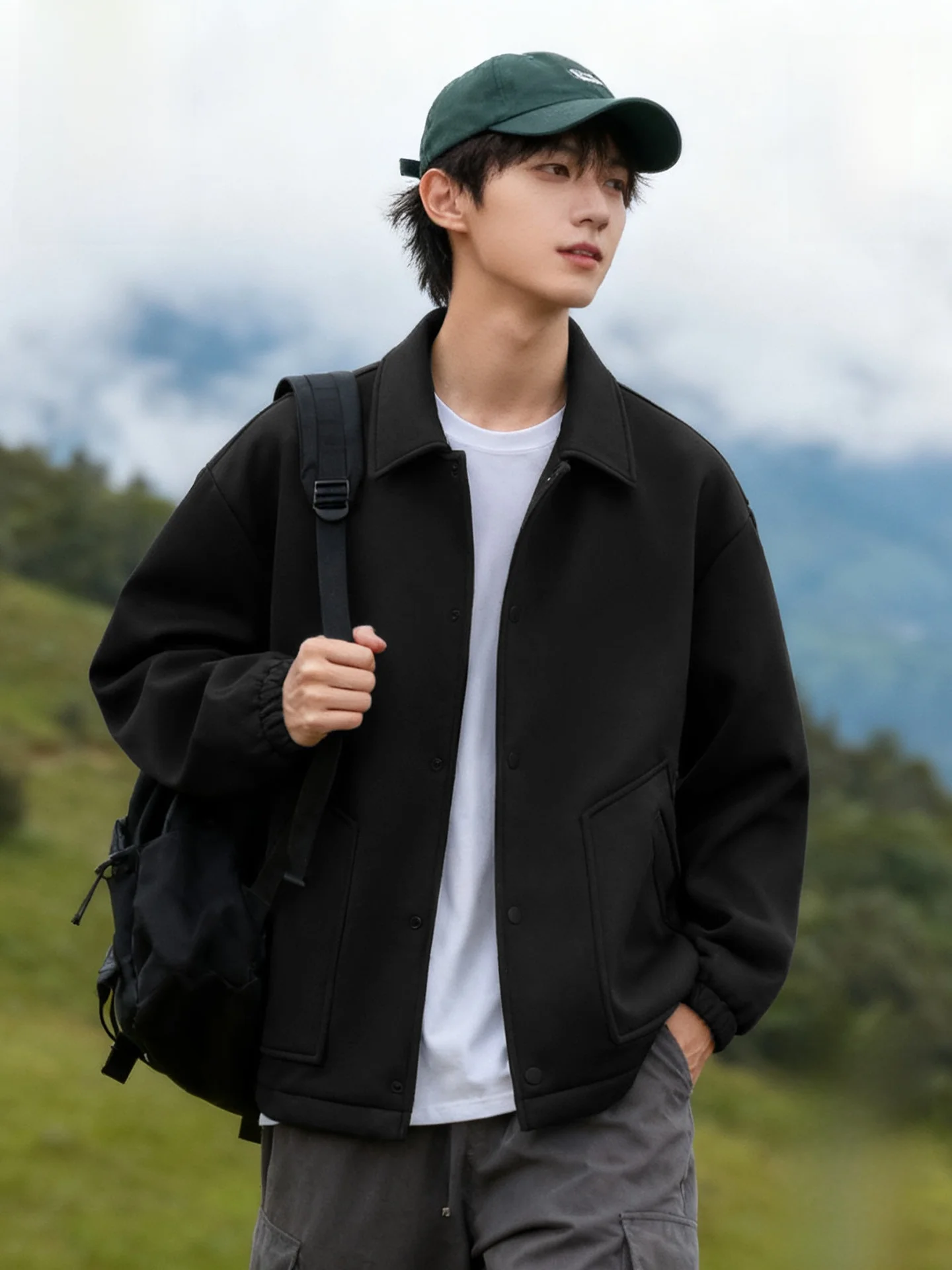 

Men's Knitted Fce Lined Jaet Heavyweight American Trendy Brand Big Mouth Monkey Print Long Sve Casual Coat