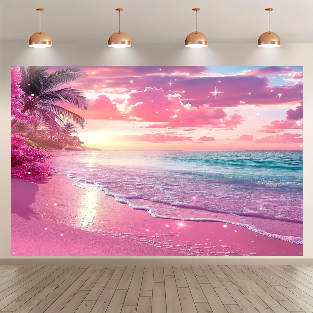 Bohemian Tropical Sunset Beach Tapestry Wall Hanging Ocean View Pink Sky Decor Polyester Print Art for Bedroom Living Room Home