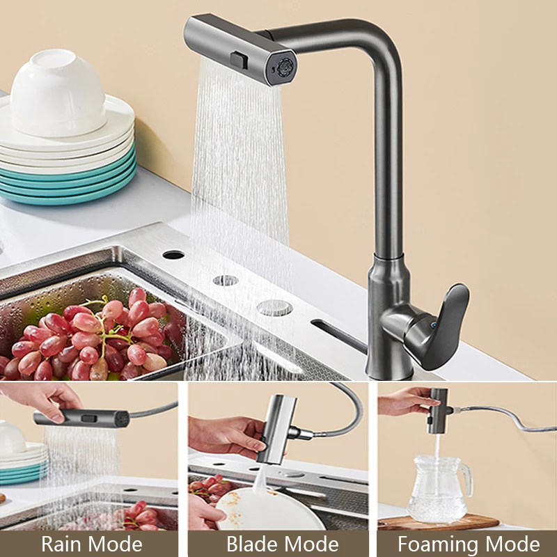 Matte Gray Kitchen Faucet Modern Flying Rain Drop Down Kitchen Sink Faucet Hot Cold Water Mixer Nozzle Pull Out Brass Water Taps