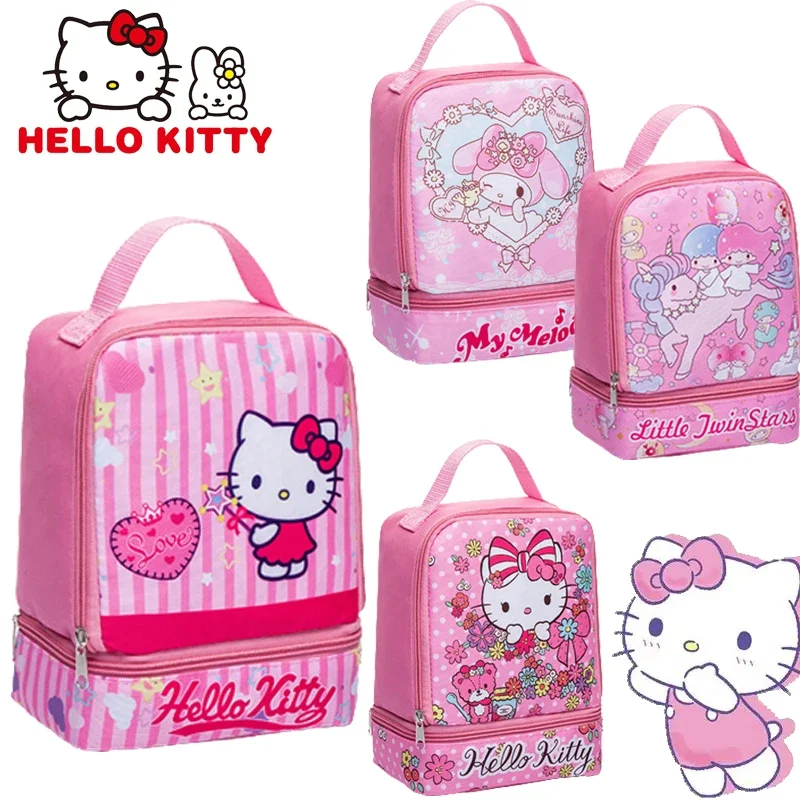 Hello Kitty Lunch Box Cute Kids Bento Bag grande capacità doppio strato Cartoon Student Kawaii Fruit Snack borsa da Picnic portatile