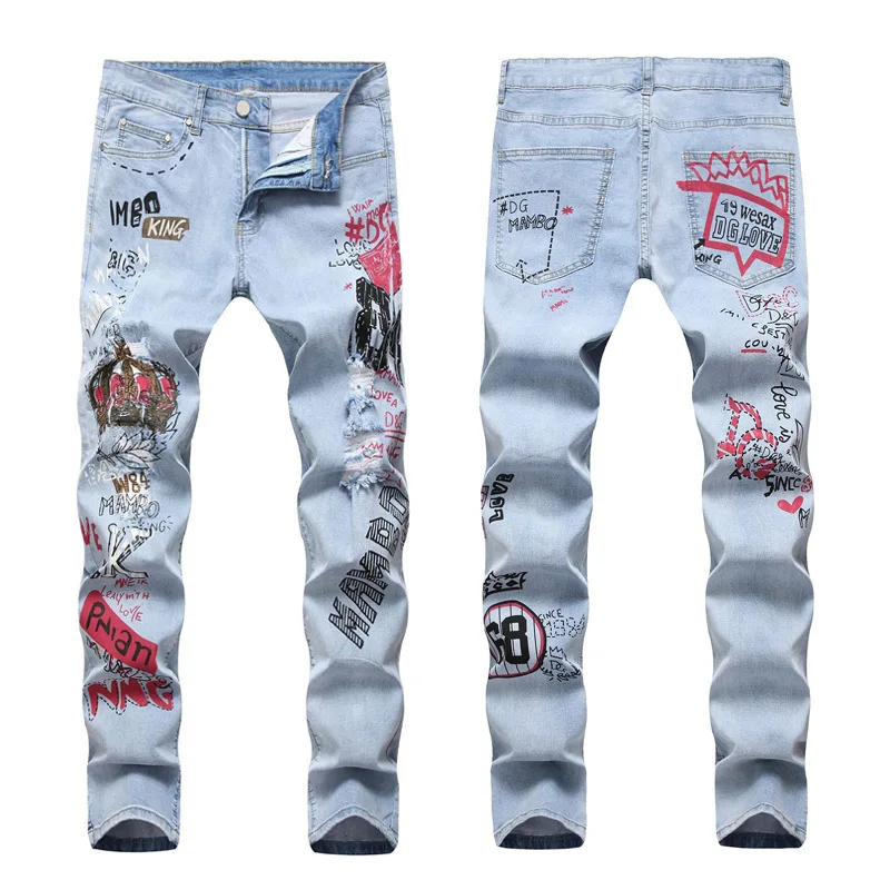 High street hip hop hipster men light color ripped embroidery high-end 3D three-dimensional print KING stretch jeans