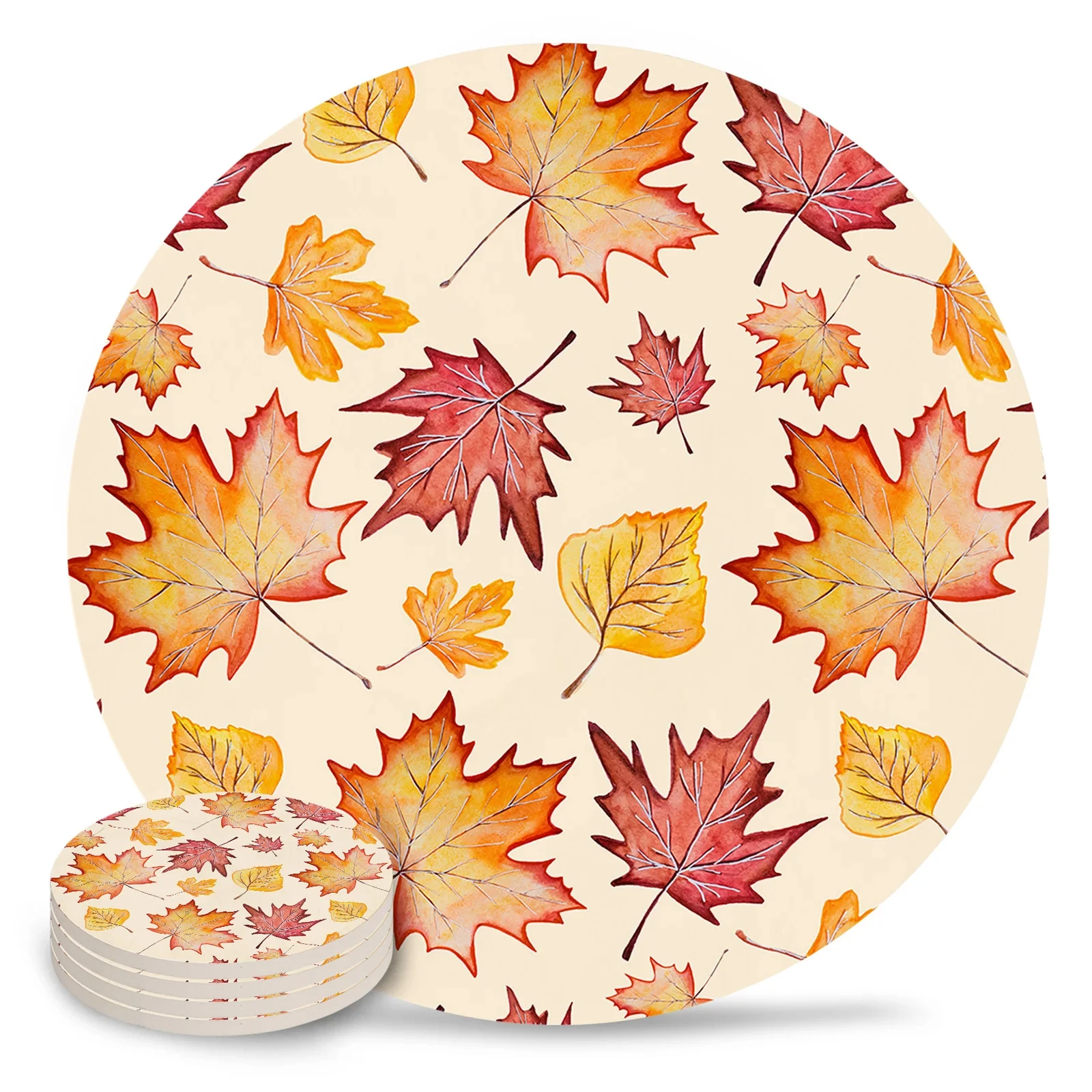 Autumn Maple Leaves Print Round Coaster Coffee Table Mats Kitchen Accessories Absorbent Ceramic Coasters with Cork Base for Mugs