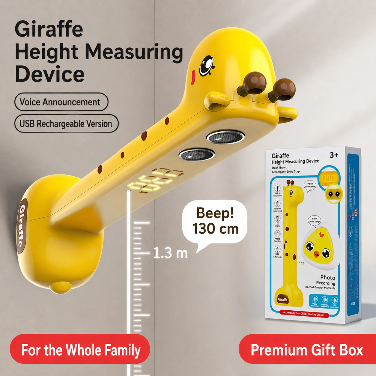Giraffe Kids Height Measuring Device, Smart Digital Height Meter with Voice Measurement USB Rechargeable Ruler For Family