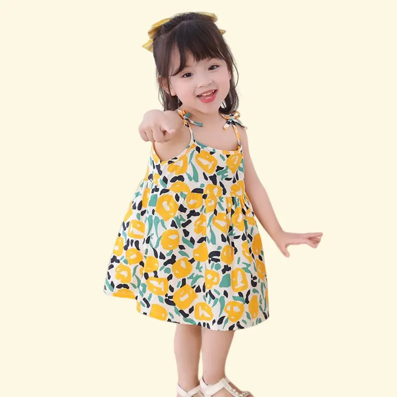 Summer Girls Dress Sleeveless Suspender Children Princess Dress Floral Print CasualDresses for Kids Girl PureCottonventilate