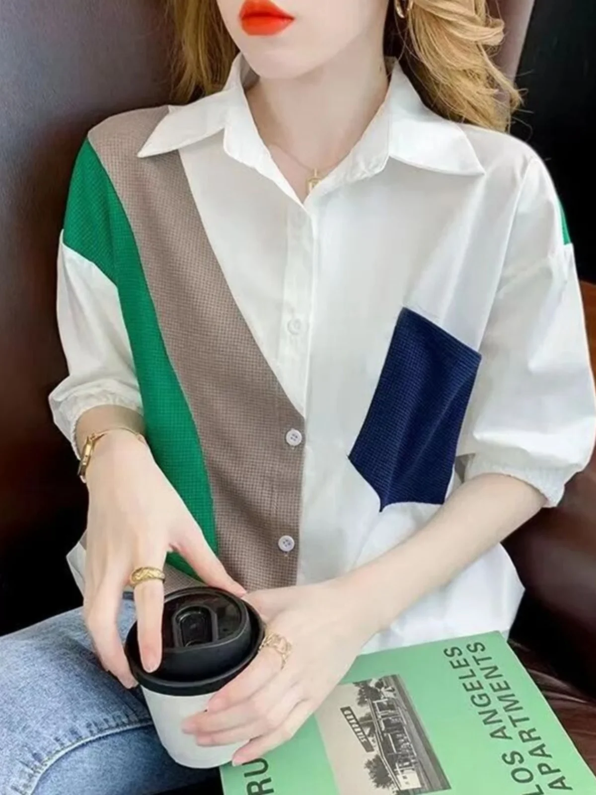 

Summer Ladies Loose Fit Color Block Shirt Design Sensation Slimming Top Korean Style Collar Five Sleeve Pure Color Commute